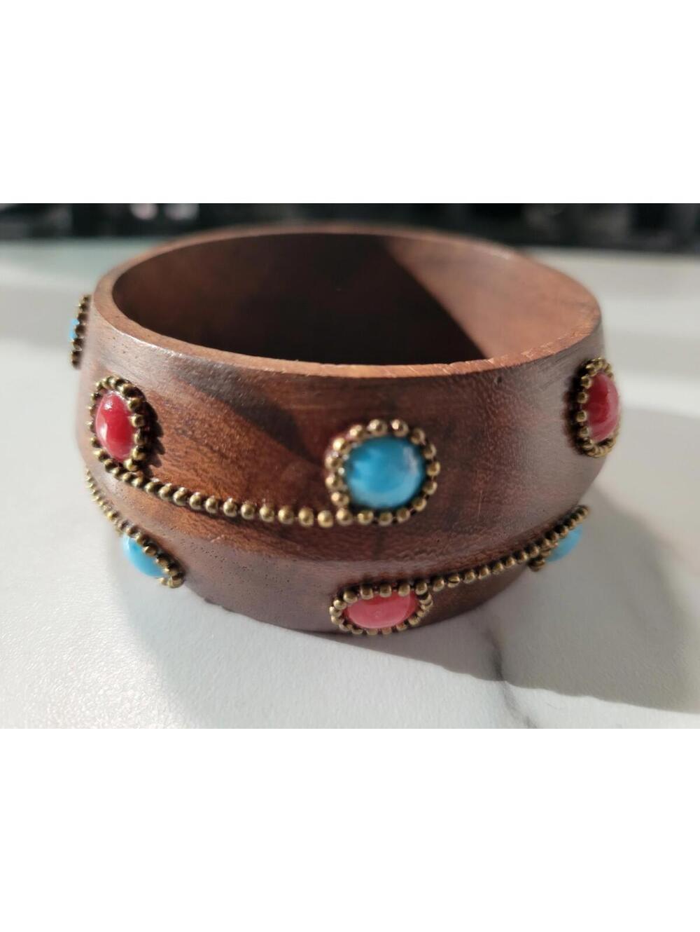 Vintage Boho Wooden Bangle Bracelet Red Turquoise Gold Coastal Cowgirl Rodeo